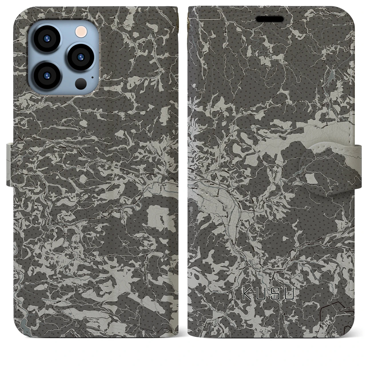 【玖珠（大分県）】地図柄iPhoneケース（手帳タイプ）モノトーン・iPhone 13 Pro Max 用