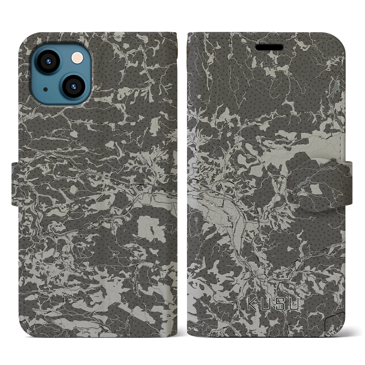 【玖珠（大分県）】地図柄iPhoneケース（手帳タイプ）モノトーン・iPhone 13 用