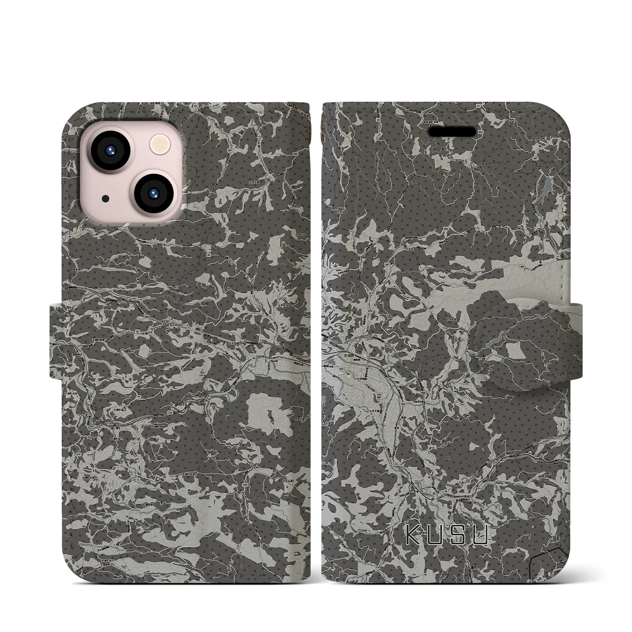 【玖珠（大分県）】地図柄iPhoneケース（手帳タイプ）モノトーン・iPhone 13 mini 用