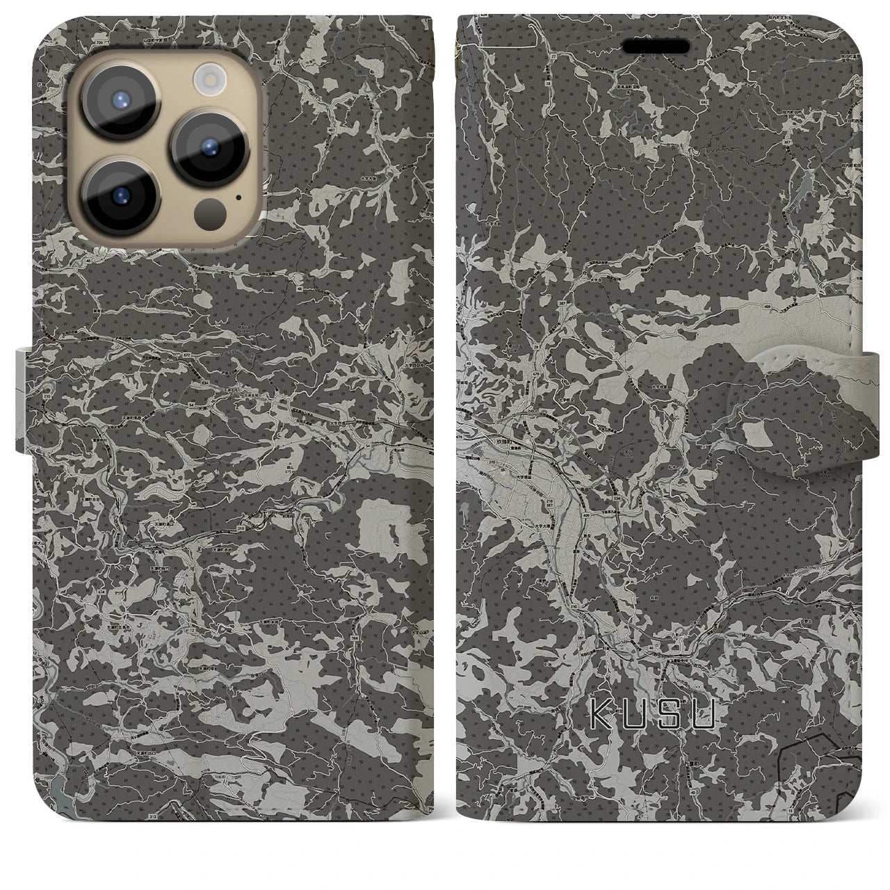 【玖珠（大分県）】地図柄iPhoneケース（手帳タイプ）モノトーン・iPhone 14 Pro Max 用