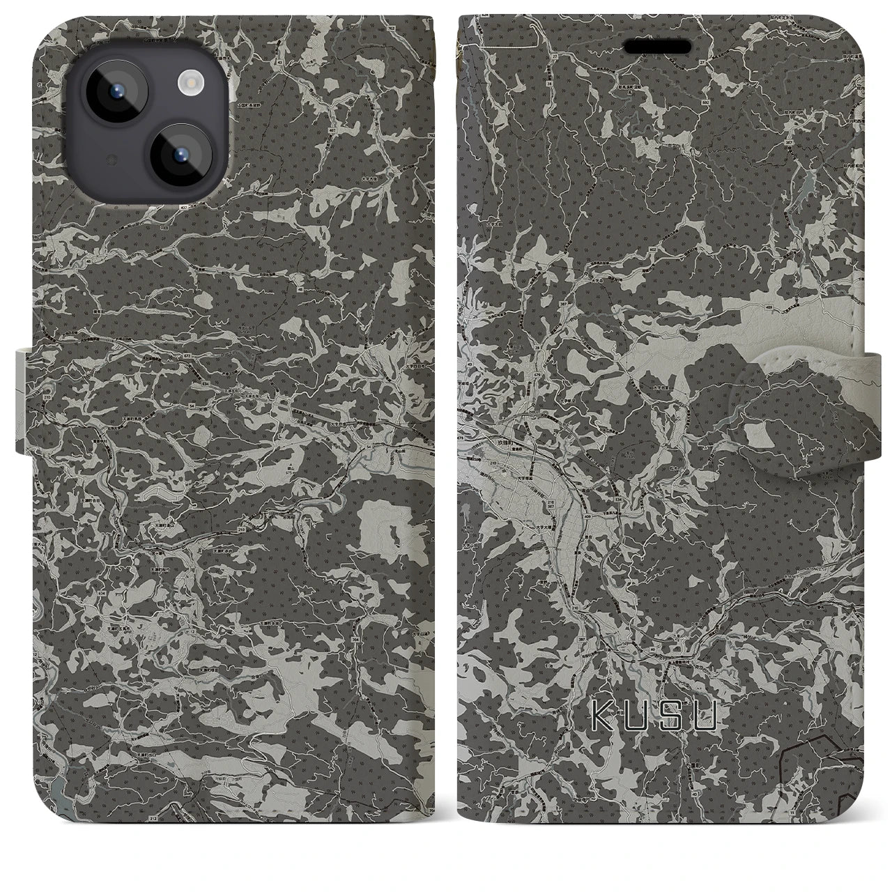 【玖珠（大分県）】地図柄iPhoneケース（手帳タイプ）モノトーン・iPhone 14 Plus 用