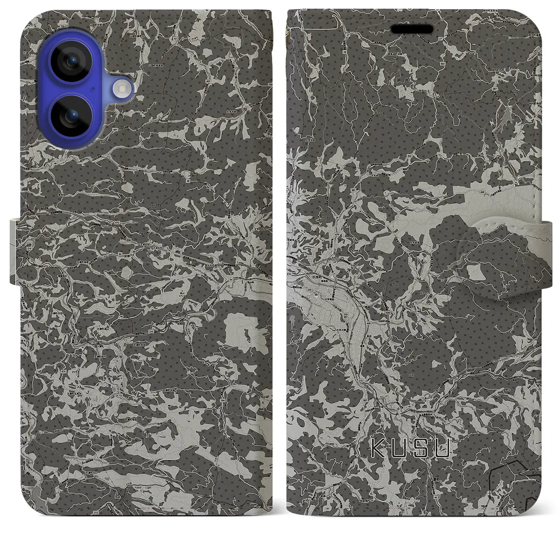 【玖珠（大分県）】地図柄iPhoneケース（手帳タイプ）モノトーン・iPhone 16 Pro Max 用
