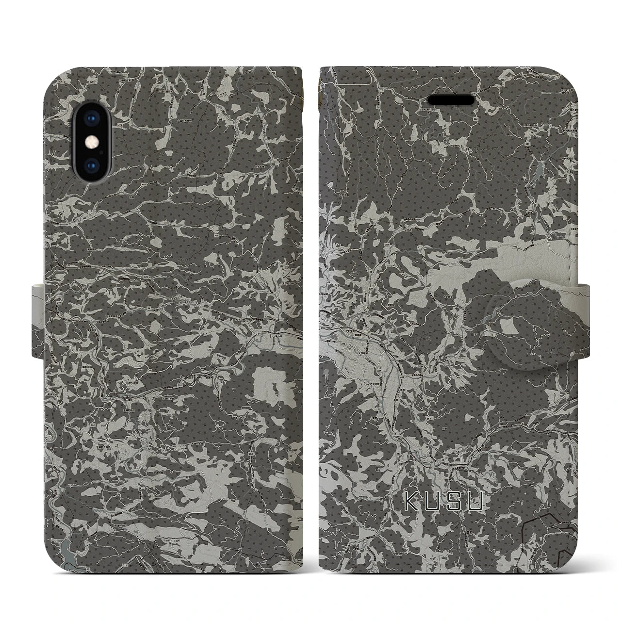 【玖珠（大分県）】地図柄iPhoneケース（手帳タイプ）モノトーン・iPhone XS / X 用