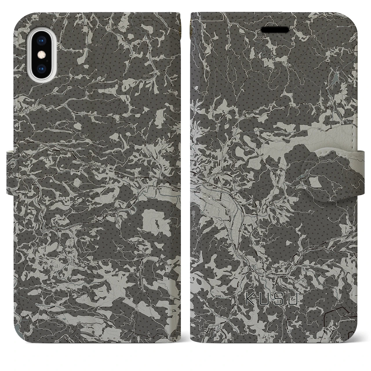 【玖珠（大分県）】地図柄iPhoneケース（手帳タイプ）モノトーン・iPhone XS Max 用