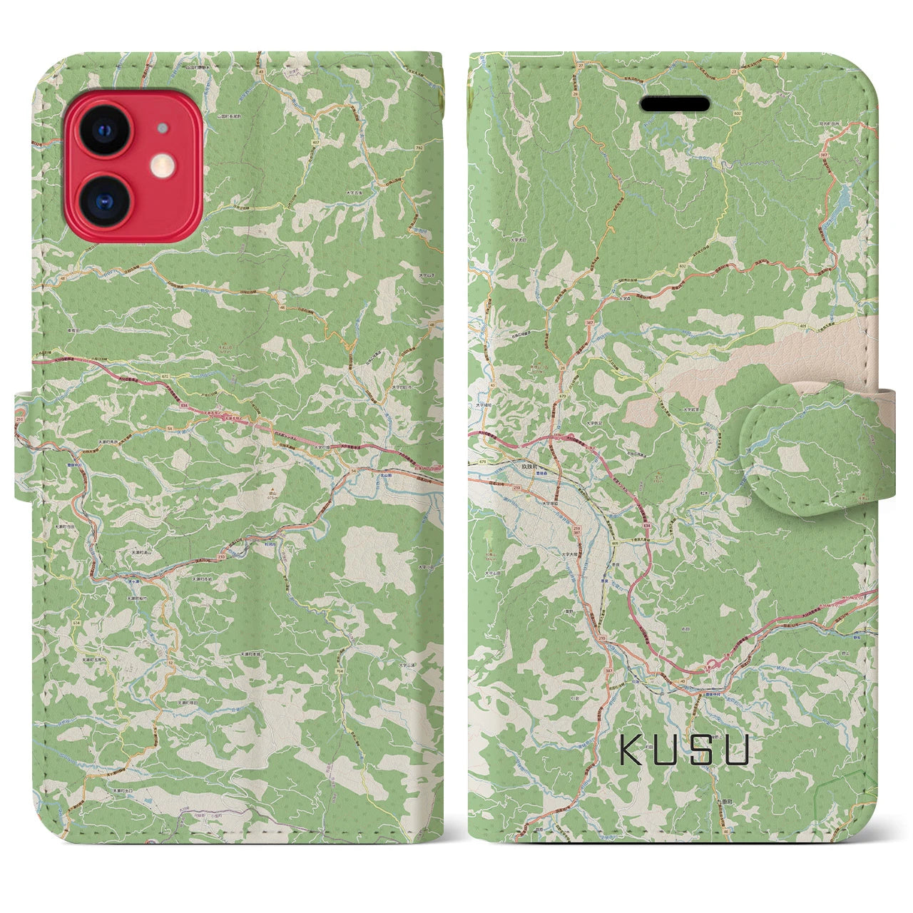 【玖珠（大分県）】地図柄iPhoneケース（手帳タイプ）ナチュラル・iPhone 11 用