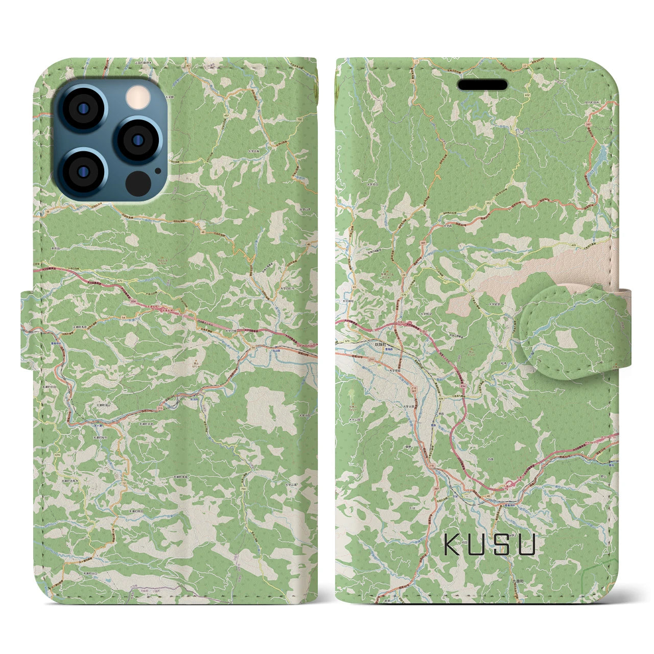 【玖珠（大分県）】地図柄iPhoneケース（手帳タイプ）ナチュラル・iPhone 12 / 12 Pro 用