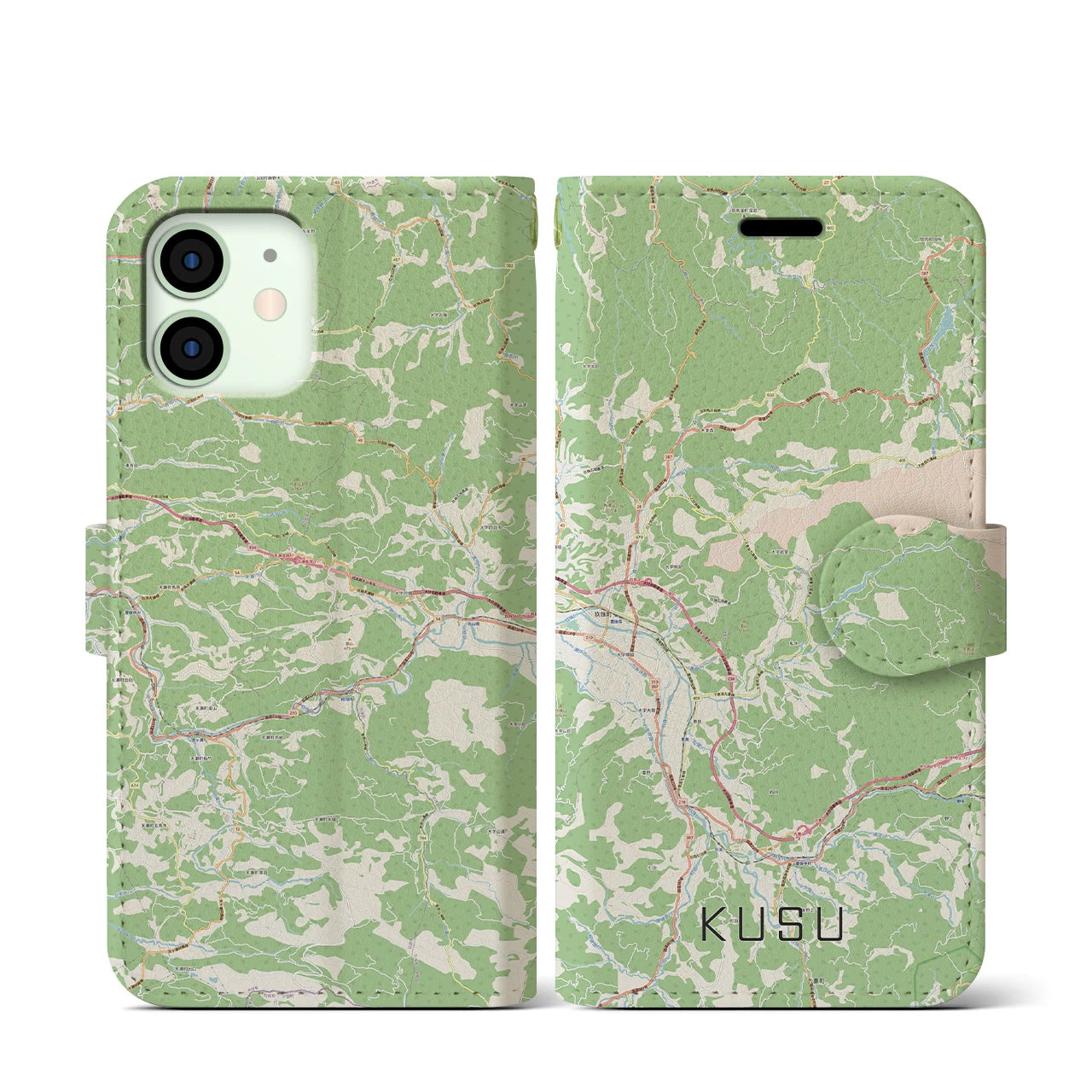 【玖珠（大分県）】地図柄iPhoneケース（手帳タイプ）ナチュラル・iPhone 12 mini 用