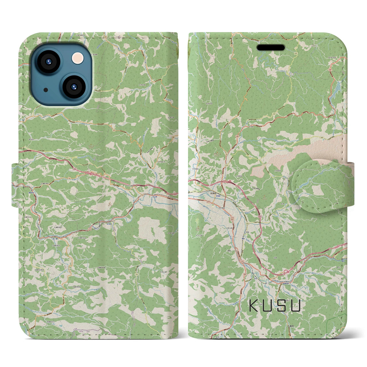 【玖珠（大分県）】地図柄iPhoneケース（手帳タイプ）ナチュラル・iPhone 13 用