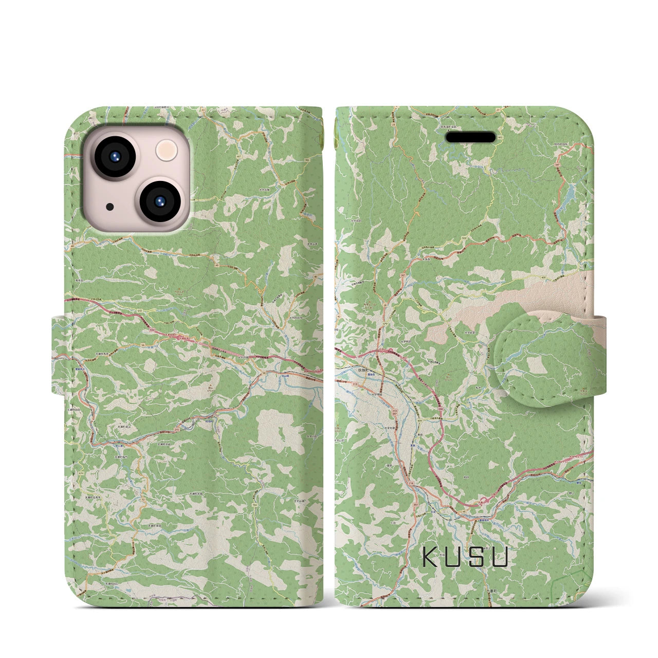 【玖珠（大分県）】地図柄iPhoneケース（手帳タイプ）ナチュラル・iPhone 13 mini 用