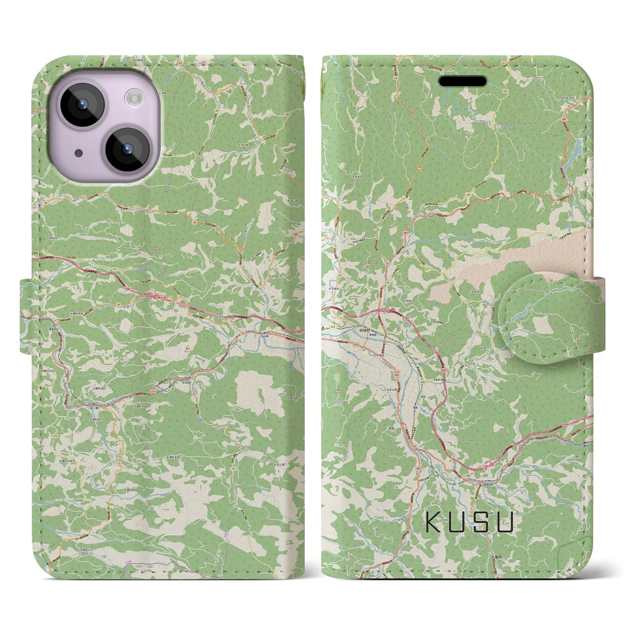 【玖珠（大分県）】地図柄iPhoneケース（手帳タイプ）ナチュラル・iPhone 14 用
