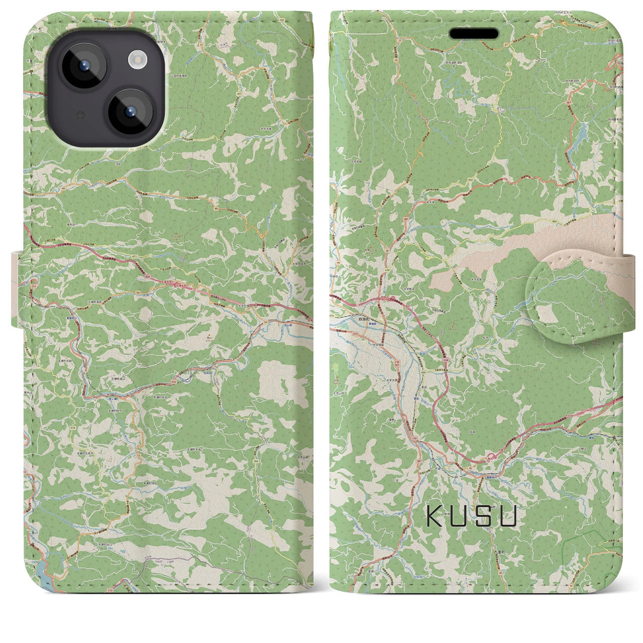 【玖珠（大分県）】地図柄iPhoneケース（手帳タイプ）ナチュラル・iPhone 14 Plus 用