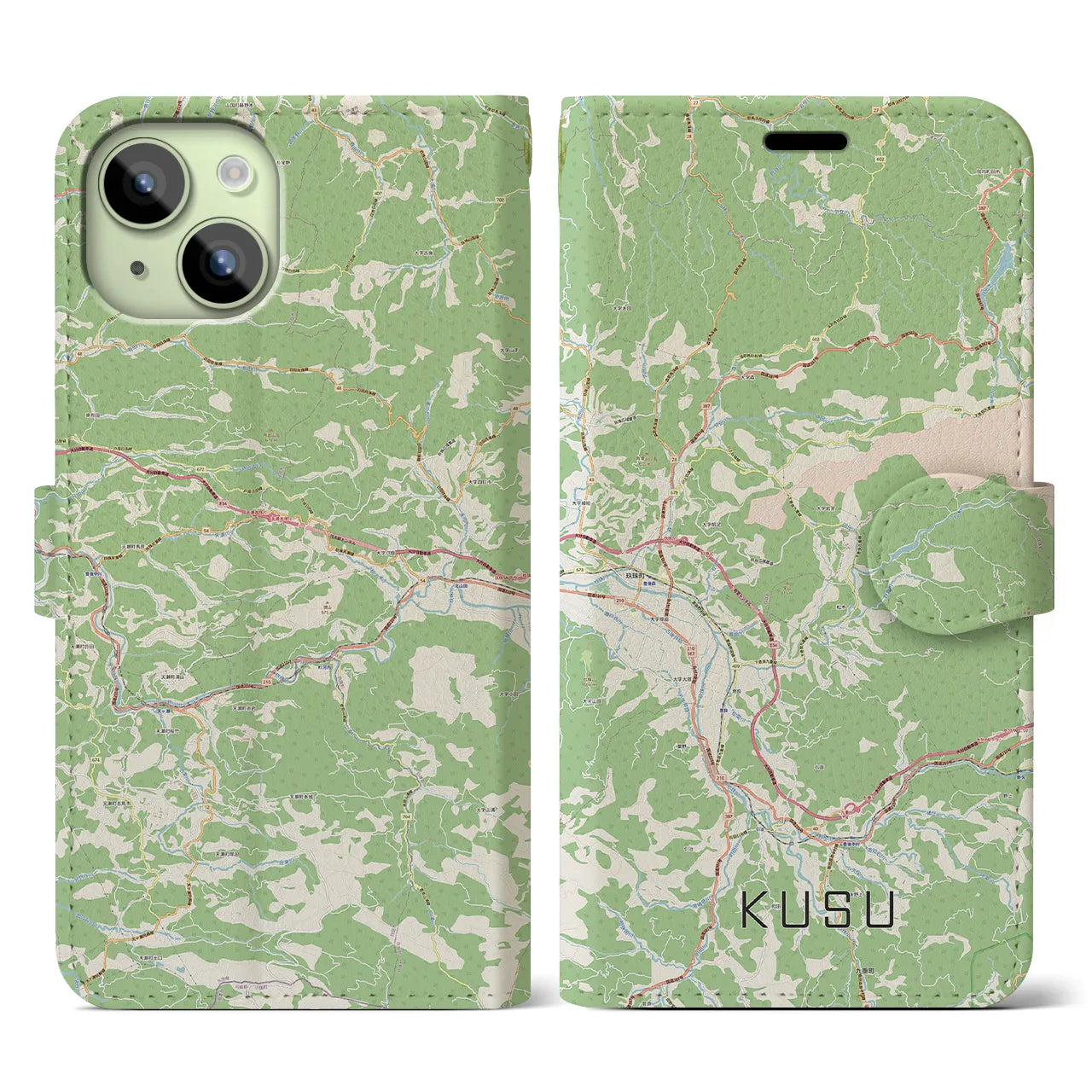 【玖珠（大分県）】地図柄iPhoneケース（手帳タイプ）ナチュラル・iPhone 15 用