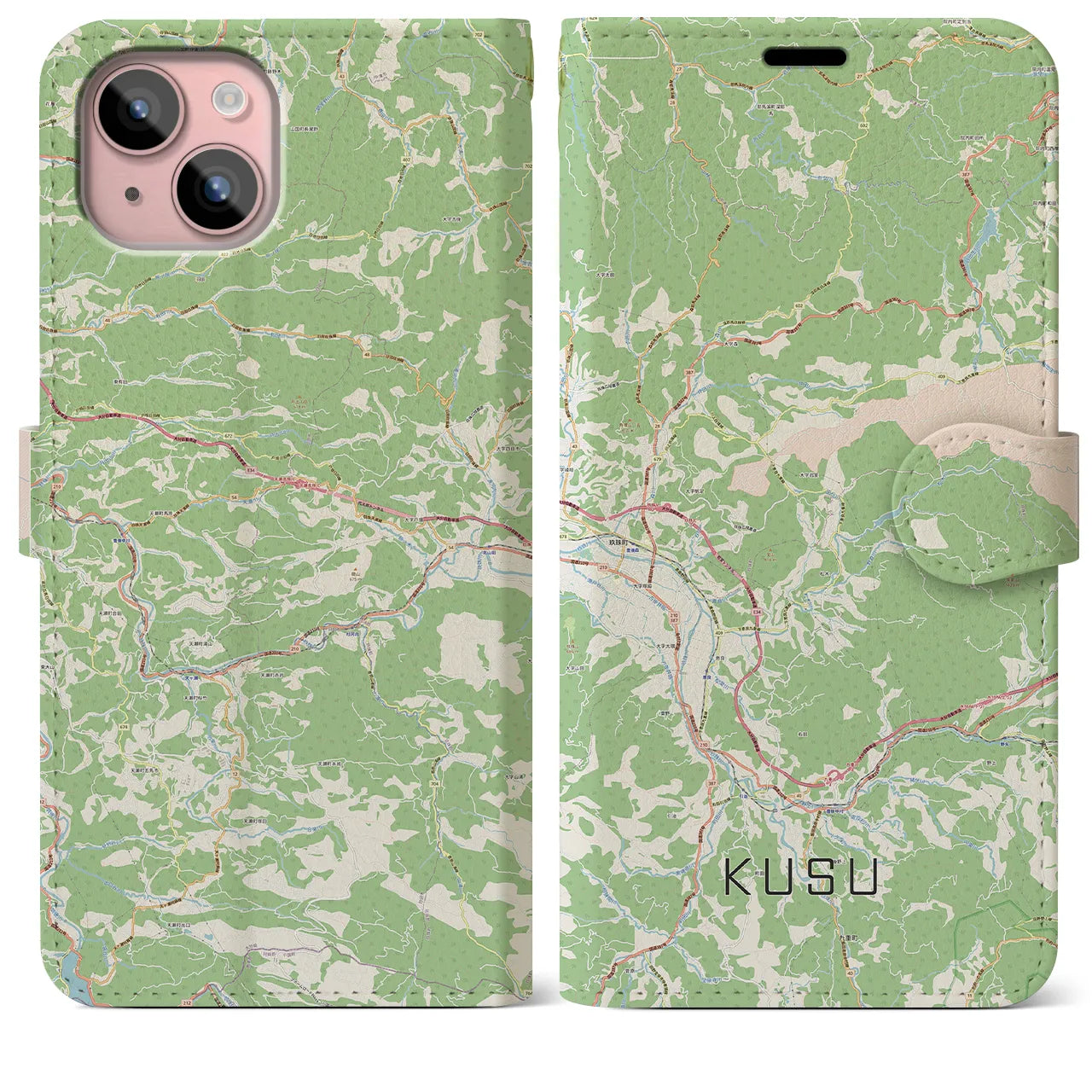 【玖珠（大分県）】地図柄iPhoneケース（手帳タイプ）ナチュラル・iPhone 15 Plus 用