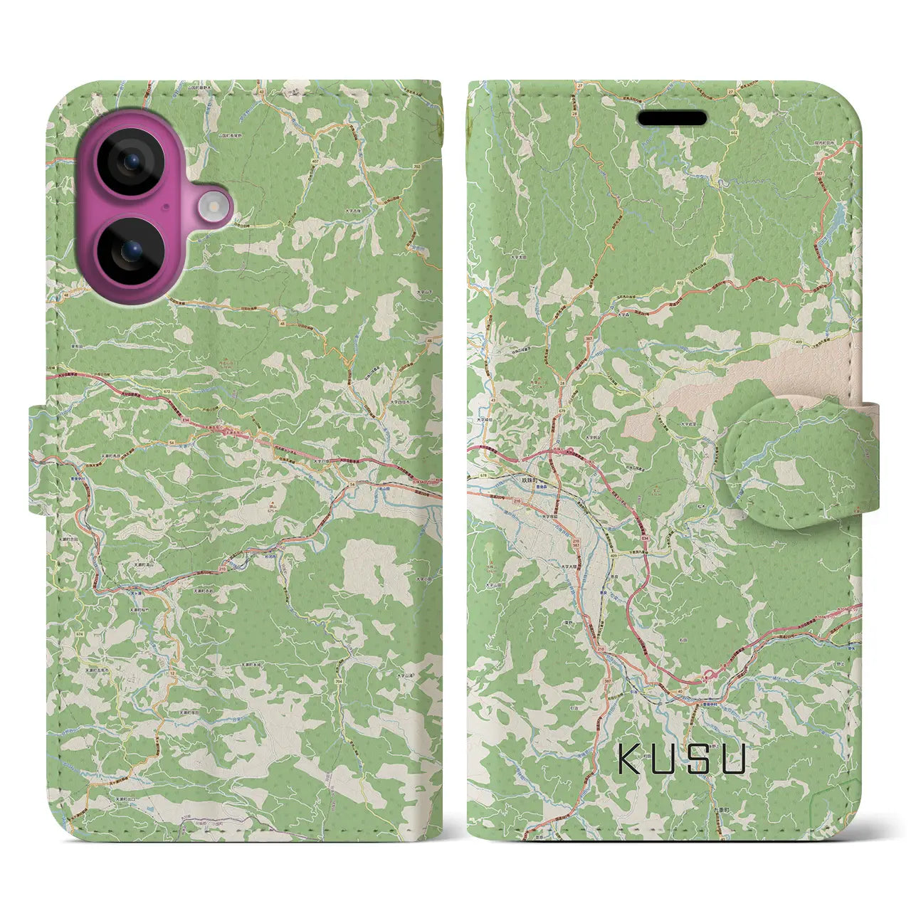 【玖珠（大分県）】地図柄iPhoneケース（手帳タイプ）ナチュラル・iPhone 16 Pro 用