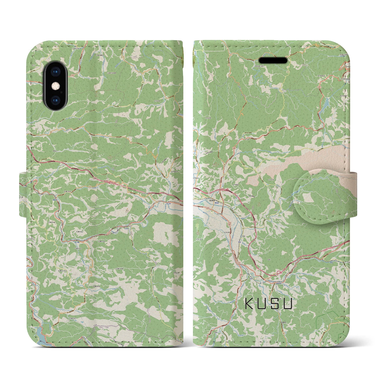 【玖珠（大分県）】地図柄iPhoneケース（手帳タイプ）ナチュラル・iPhone XS / X 用