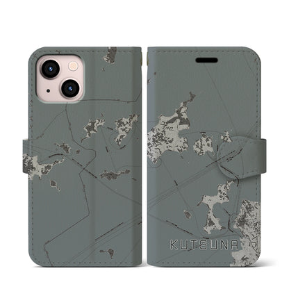 【忽那（愛媛県）】地図柄iPhoneケース（手帳タイプ）モノトーン・iPhone 13 mini 用