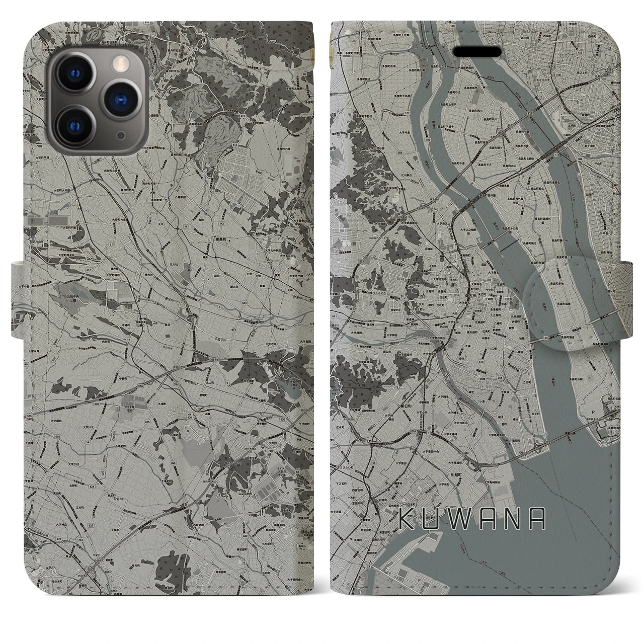 【桑名】地図柄iPhoneケース（手帳両面タイプ・モノトーン）iPhone 11 Pro Max 用