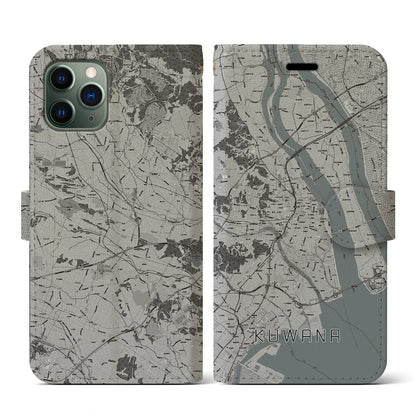 【桑名（三重県）】地図柄iPhoneケース（手帳タイプ）モノトーン・iPhone 11 Pro 用