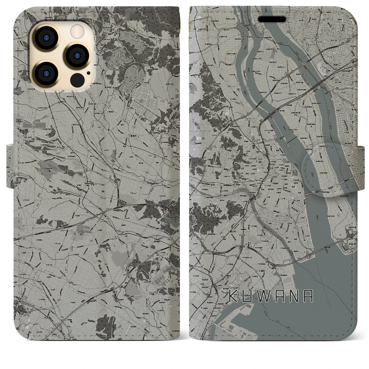 【桑名】地図柄iPhoneケース（手帳両面タイプ・モノトーン）iPhone 12 Pro Max 用