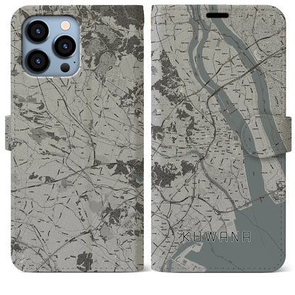 【桑名（三重県）】地図柄iPhoneケース（手帳タイプ）モノトーン・iPhone 13 Pro Max 用