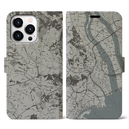 【桑名（三重県）】地図柄iPhoneケース（手帳タイプ）モノトーン・iPhone 13 Pro 用