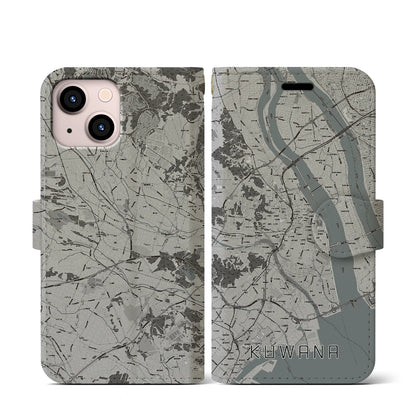 【桑名（三重県）】地図柄iPhoneケース（手帳タイプ）モノトーン・iPhone 13 mini 用