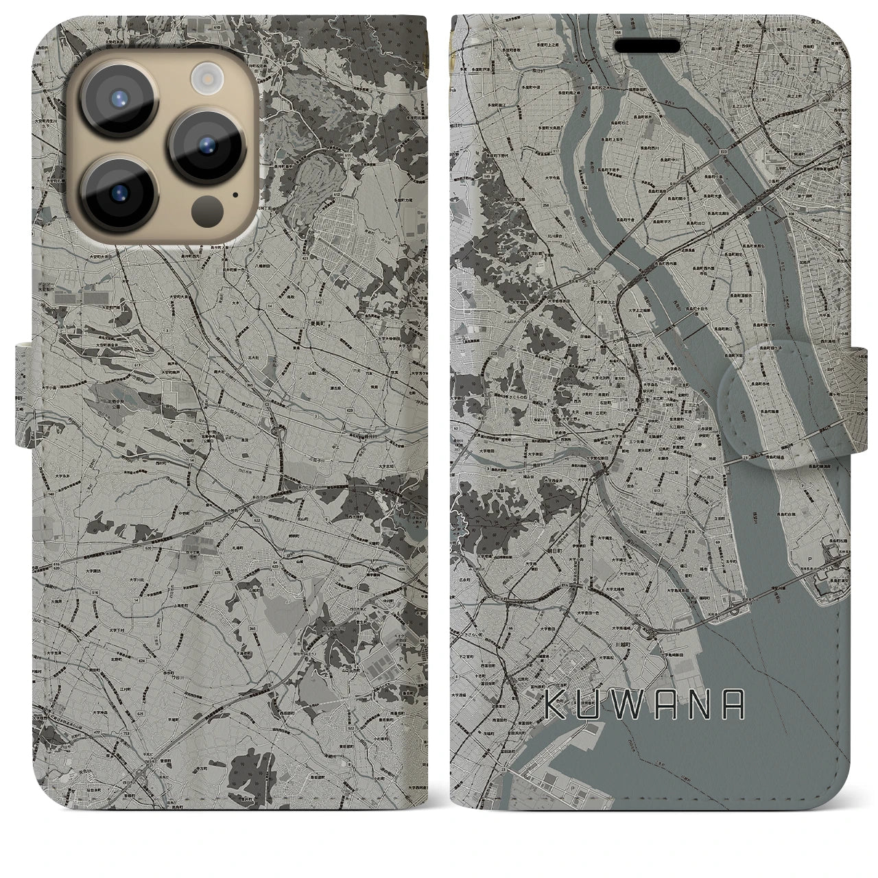 【桑名】地図柄iPhoneケース（手帳両面タイプ・モノトーン）iPhone 14 Pro Max 用