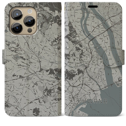 【桑名（三重県）】地図柄iPhoneケース（手帳タイプ）モノトーン・iPhone 14 Pro Max 用