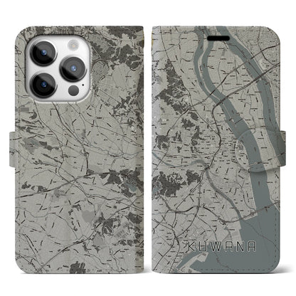 【桑名（三重県）】地図柄iPhoneケース（手帳タイプ）モノトーン・iPhone 14 Pro 用