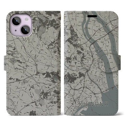 【桑名（三重県）】地図柄iPhoneケース（手帳タイプ）モノトーン・iPhone 14 用