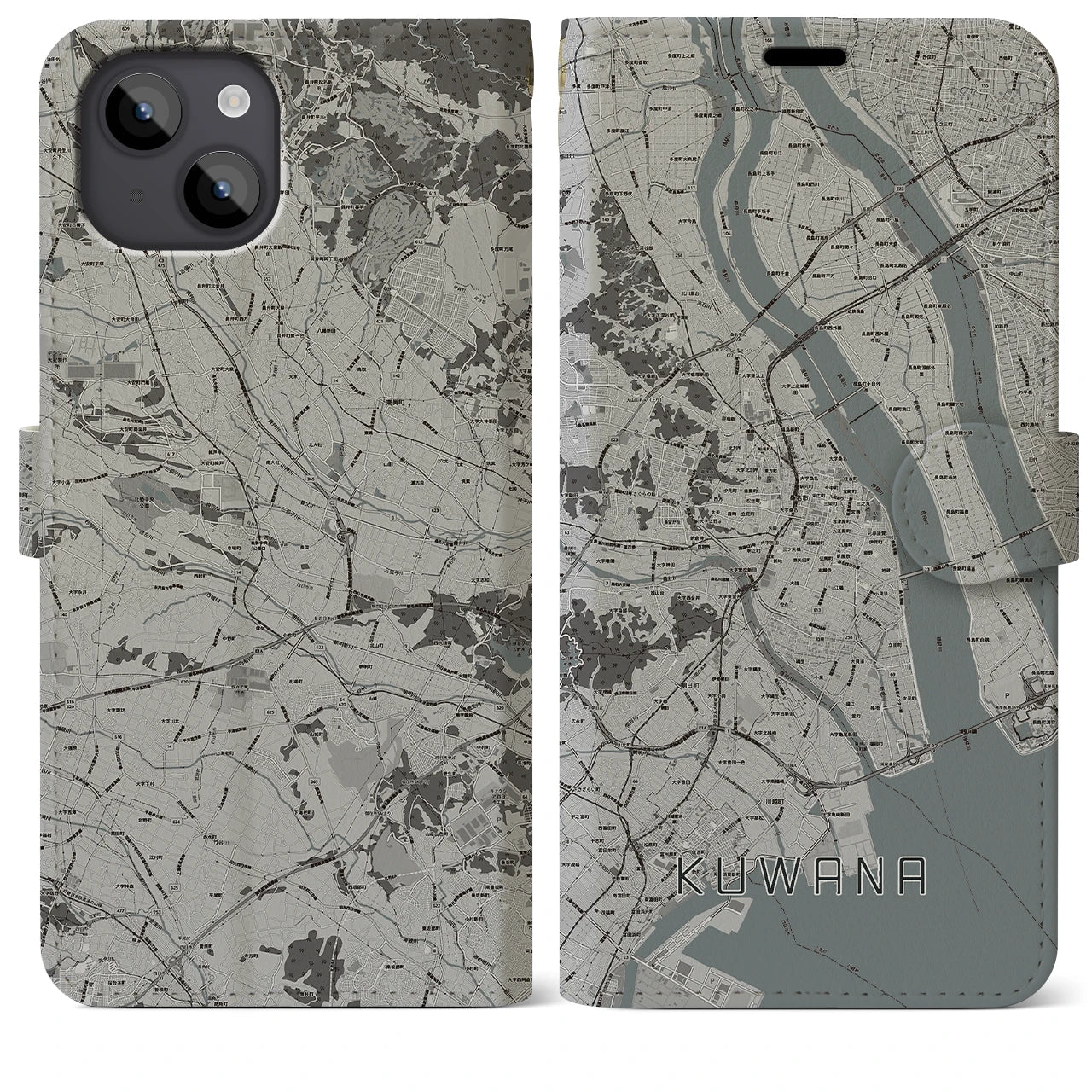 【桑名】地図柄iPhoneケース（手帳両面タイプ・モノトーン）iPhone 14 Plus 用