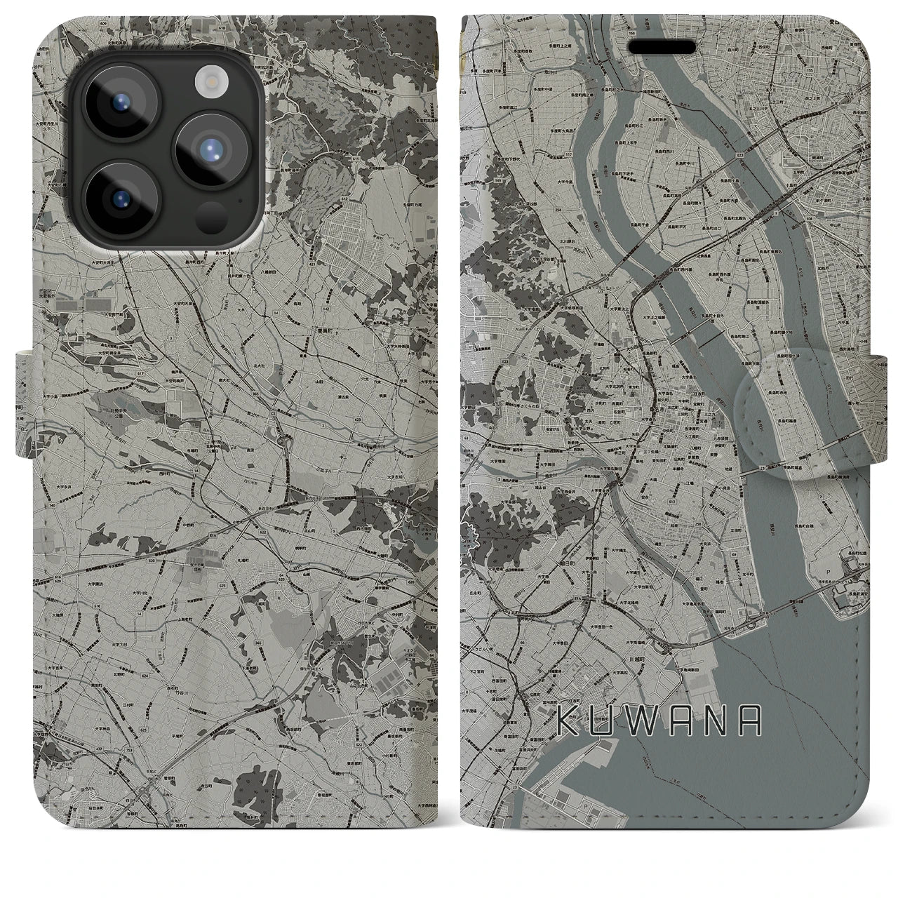 【桑名】地図柄iPhoneケース（手帳両面タイプ・モノトーン）iPhone 15 Pro Max 用