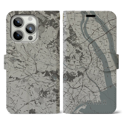 【桑名（三重県）】地図柄iPhoneケース（手帳タイプ）モノトーン・iPhone 15 Pro 用