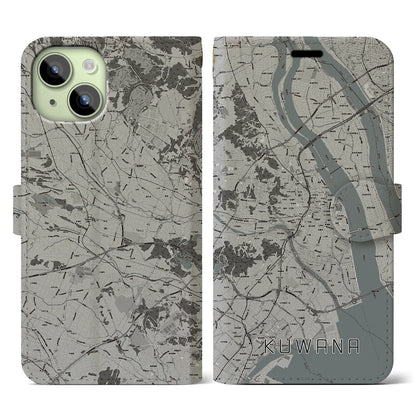 【桑名（三重県）】地図柄iPhoneケース（手帳タイプ）モノトーン・iPhone 15 用