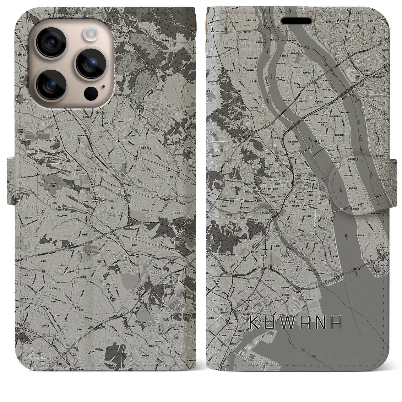 【桑名（三重県）】地図柄iPhoneケース（手帳タイプ）モノトーン・iPhone 16 Plus 用