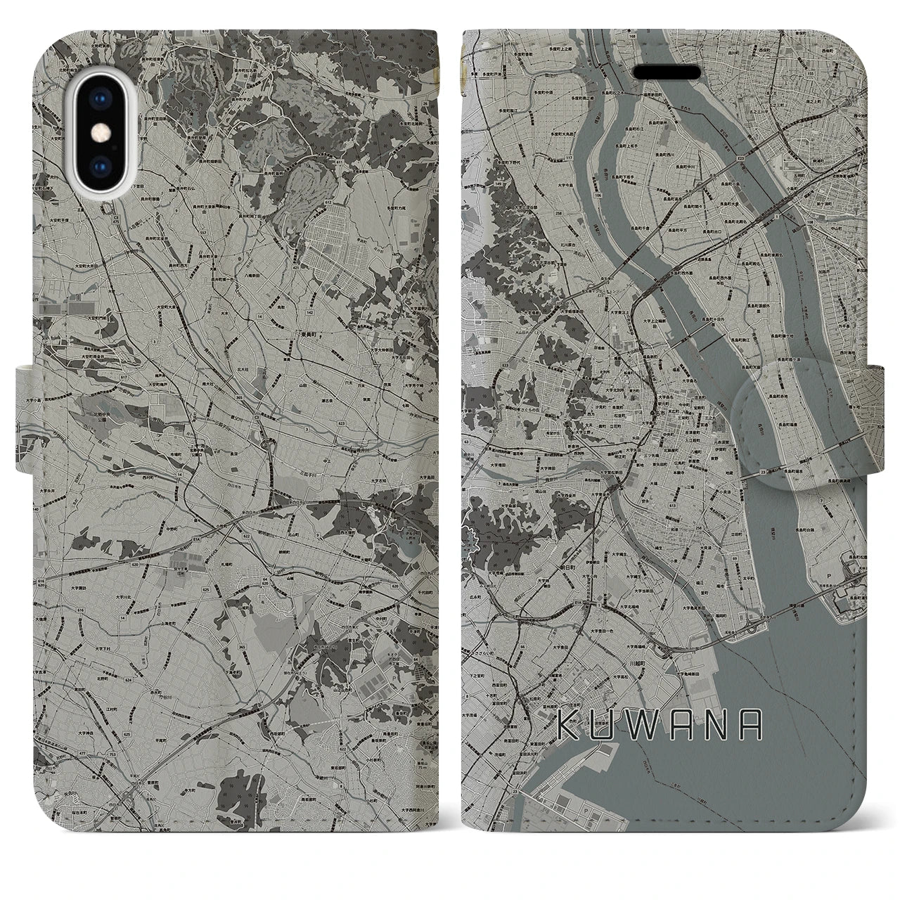 【桑名】地図柄iPhoneケース（手帳両面タイプ・モノトーン）iPhone XS Max 用