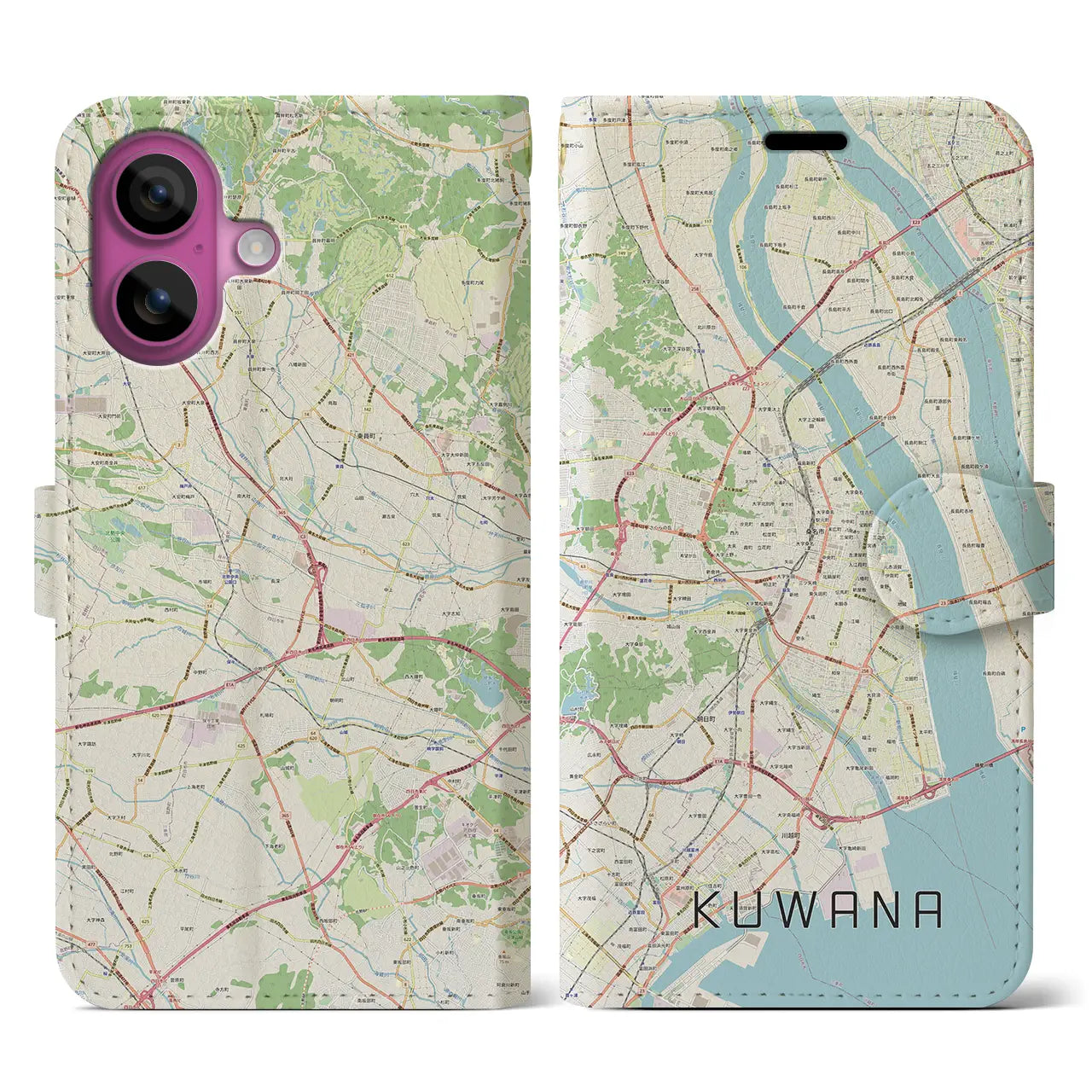 【桑名（三重県）】地図柄iPhoneケース（手帳タイプ）ナチュラル・iPhone 16 Pro 用