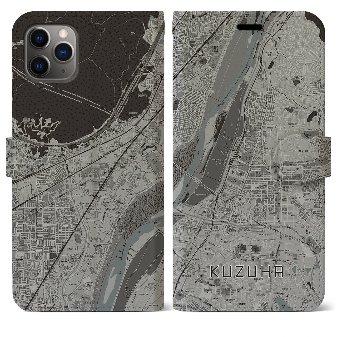 【樟葉】地図柄iPhoneケース（手帳両面タイプ・モノトーン）iPhone 11 Pro Max 用