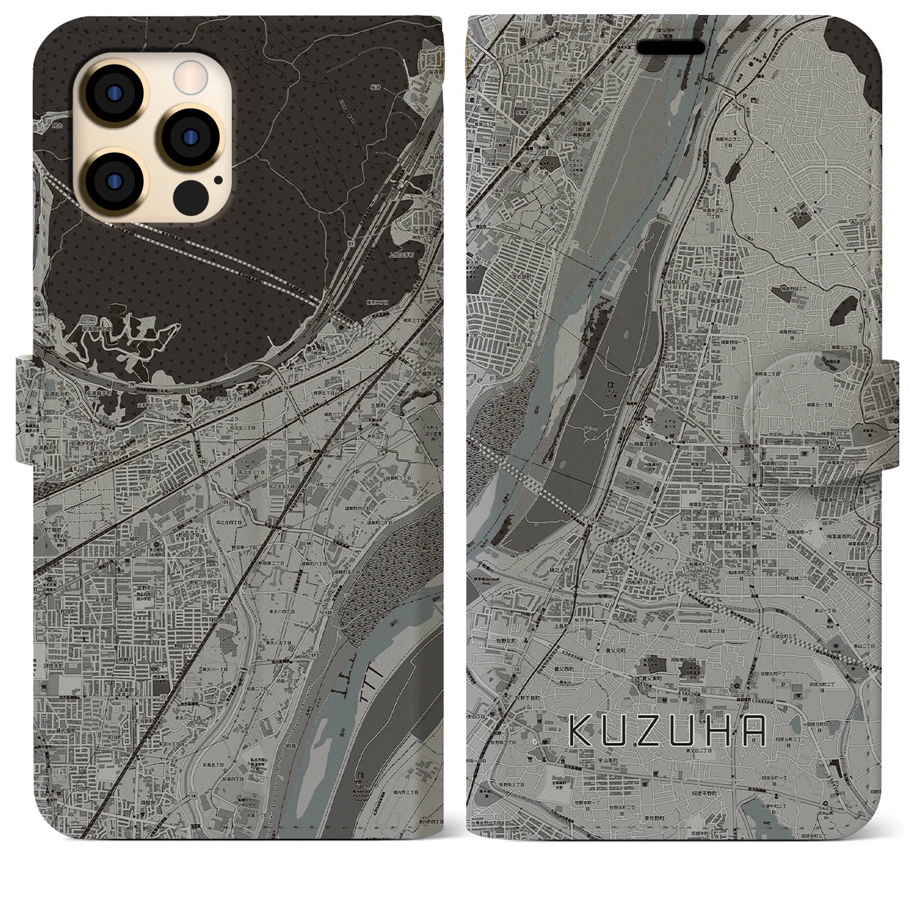 【樟葉】地図柄iPhoneケース（手帳両面タイプ・モノトーン）iPhone 12 Pro Max 用