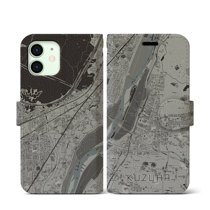 【樟葉（大阪府）】地図柄iPhoneケース（手帳タイプ）モノトーン・iPhone 12 mini 用