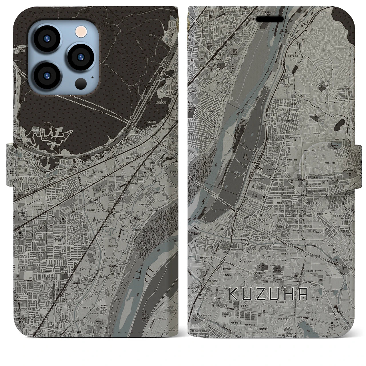 【樟葉】地図柄iPhoneケース（手帳両面タイプ・モノトーン）iPhone 13 Pro Max 用