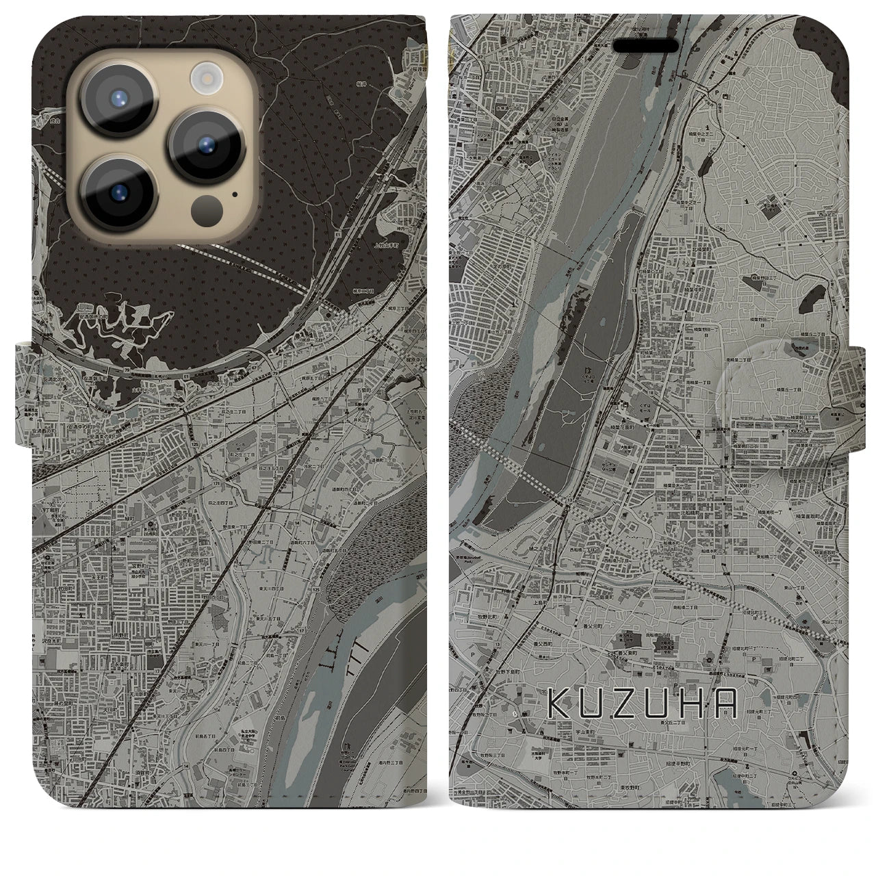 【樟葉】地図柄iPhoneケース（手帳両面タイプ・モノトーン）iPhone 14 Pro Max 用