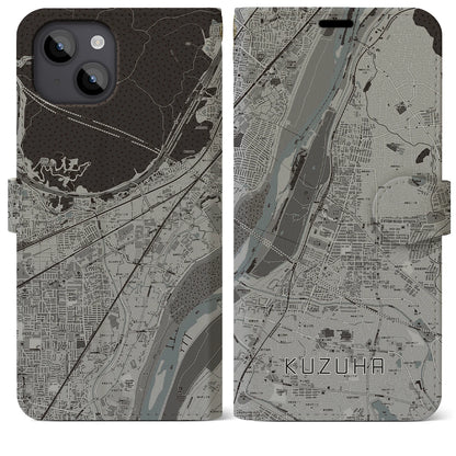 【樟葉（大阪府）】地図柄iPhoneケース（手帳タイプ）モノトーン・iPhone 14 Plus 用