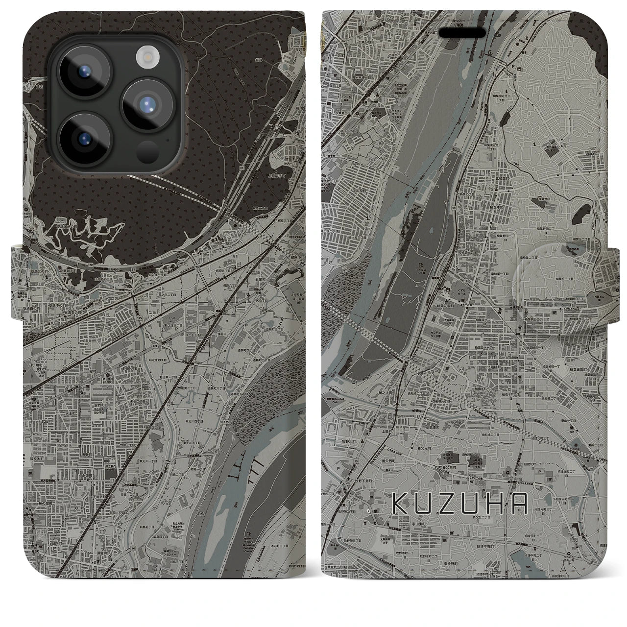 【樟葉】地図柄iPhoneケース（手帳両面タイプ・モノトーン）iPhone 15 Pro Max 用
