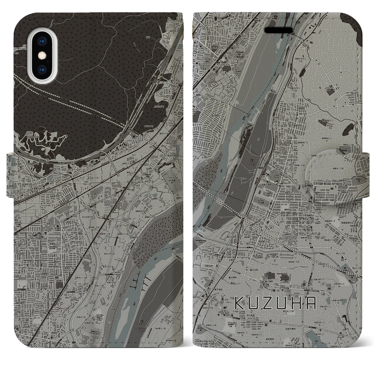 【樟葉】地図柄iPhoneケース（手帳両面タイプ・モノトーン）iPhone XS Max 用
