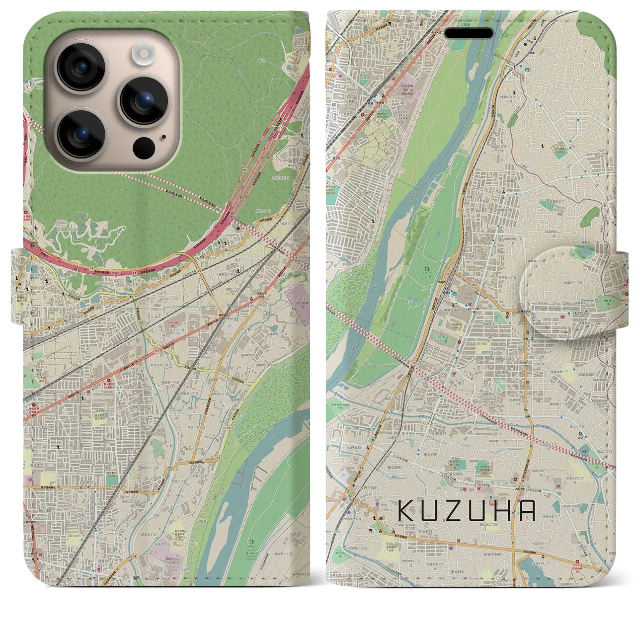 【樟葉（大阪府）】地図柄iPhoneケース（手帳タイプ）ナチュラル・iPhone 16 Plus 用