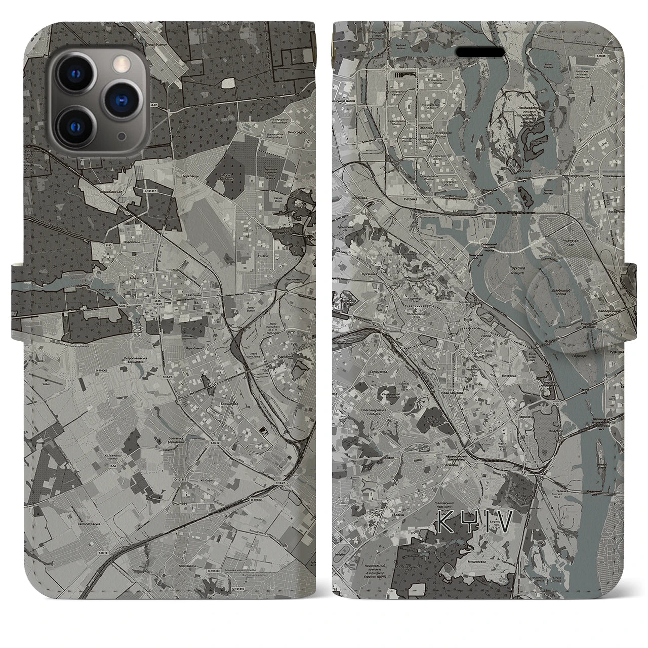 【キーウ】地図柄iPhoneケース（手帳両面タイプ・モノトーン）iPhone 11 Pro Max 用