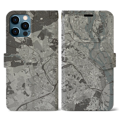【キーウ（ウクライナ）】地図柄iPhoneケース（手帳タイプ）モノトーン・iPhone 12 / 12 Pro 用