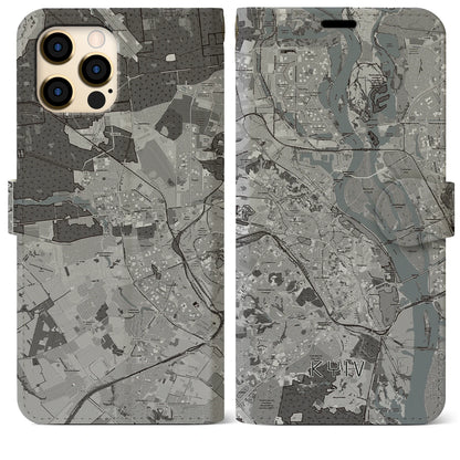 【キーウ（ウクライナ）】地図柄iPhoneケース（手帳タイプ）モノトーン・iPhone 12 Pro Max 用