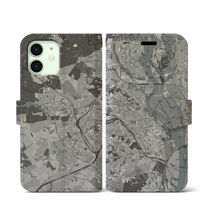 【キーウ（ウクライナ）】地図柄iPhoneケース（手帳タイプ）モノトーン・iPhone 12 mini 用